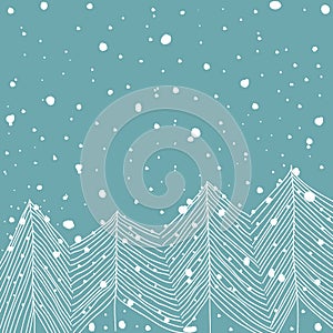 Hand Drawn Doodle White Fir Trees in Forest Snowfall Baby Blue Background. Abstract. New Year Christmas Greeting Card