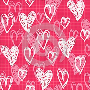 Hand Drawn Doodle White Hearts Valentine`s Day vector Seamless Pattern. Cute Graffity Hot Pink Background