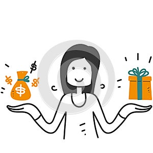 hand drawn doodle woman showing gift box and money bag illustration vector isolated