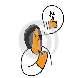 hand drawn doodle woman with thumb up symbol illustration vector