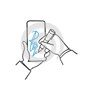 Hand drawn doodle write signature on mobile illustration symbol for digital signature icon