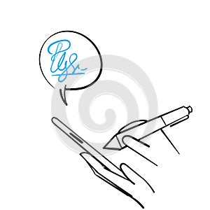 Hand drawn doodle write signature on mobile illustration symbol for digital signature icon