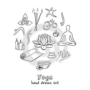 Hand drawn doodle yoga symbols, icons and asanas. Vector illustration for your design