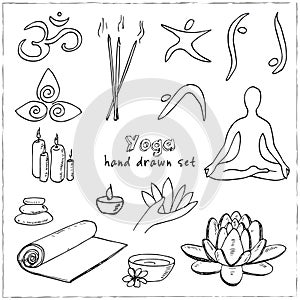 Hand drawn doodle yoga symbols, icons and asanas. Vector illustration for your design