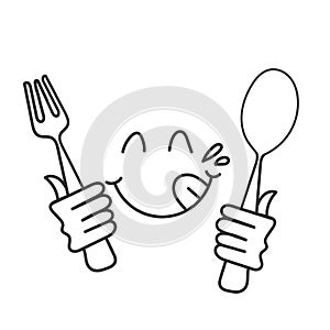 hand drawn doodle yummy face smiley icon delicious holding fork and spoon illustration