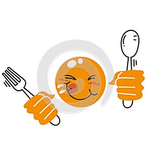 hand drawn doodle yummy face smiley icon delicious holding fork and spoon illustration