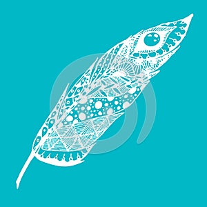 Hand drawn doodle zentangle feather from background. Blue and white illustration with different ornaments.