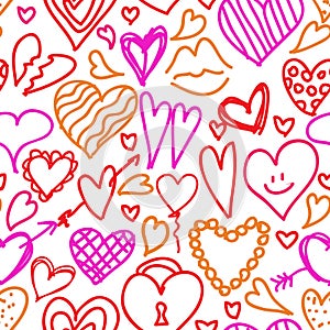 Hand drawn doodled hearts seamless pattern