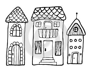 Hand drawn doodles cartoon house with cute windows. Black and whiteb bulding vector illustration set
