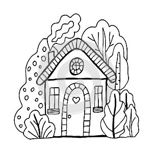 Hand drawn doodles cartoon house in the village. Black and white cute bulding line art vector illustration