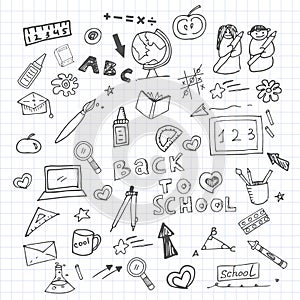 Hand drawn doodles with school elements, back to school for the start of the school year with paper background