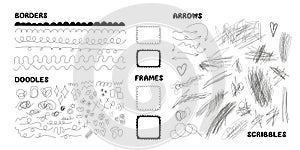 Hand drawn doodles, scribbles, borders, frames, arrows elements set. Vector textured brush strokes, stamp brushes