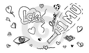 Hand drawn doodles set for Valentine`s Day. collection of beautiful hearts and writings Love. Vector illustration