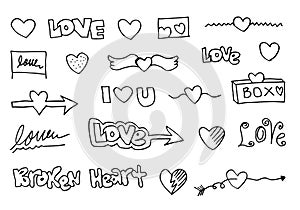 Hand drawn doodles set for Valentine`s Day. collection of beautiful hearts and writings Love. Vector illustration