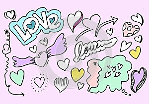 Hand drawn doodles set for Valentine`s Day. collection of beautiful hearts and writings Love. Vector illustration