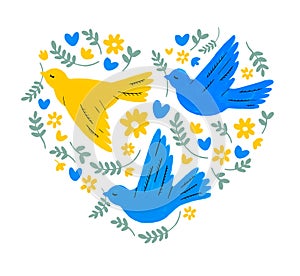 Hand drawn doves of peace in blue and yellow colors.