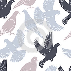 Hand drawn doves.  Vector  seamless pattern