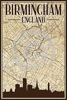 Hand-drawn downtown streets network printout map of BIRMINGHAM, ENGLAND