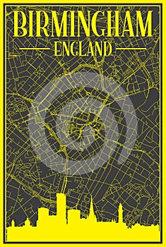 Hand-drawn downtown streets network printout map of BIRMINGHAM, ENGLAND