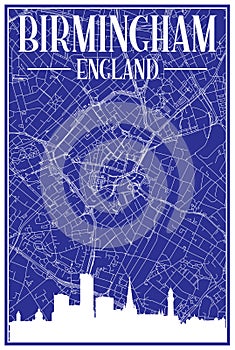 Hand-drawn downtown streets network printout map of BIRMINGHAM, ENGLAND