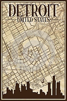 Hand-drawn downtown streets network printout map of DETROIT, UNITED STATES OF AMERICA