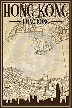 Hand-drawn downtown streets network printout map of HONG KONG, CHINA