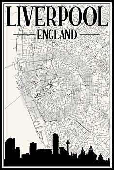 Hand-drawn downtown streets network printout map of LIVERPOOL, ENGLAND