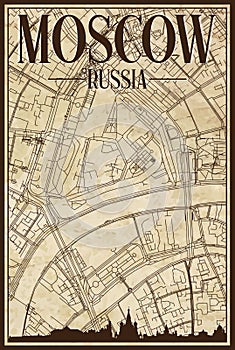 Hand-drawn downtown streets network printout map of MOSCOW, RUSSIAN FEDERATION