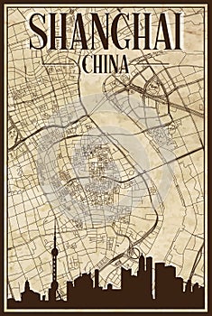Hand-drawn downtown streets network printout map of SHANGHAI, CHINA