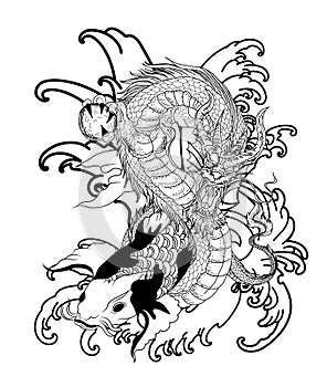 Hand drawn Dragon and koi fish with flower tattoo for Arm, Japanese carp line drawing coloring book vector image.