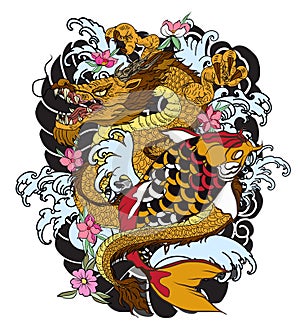 Hand drawn Dragon and koi fish with flower tattoo for Arm, Japanese carp line drawing coloring book vector image.