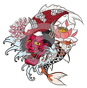 Hand drawn Dragon and koi fish with flower tattoo for Arm, Japanese carp line drawing coloring book vector image.Dragon and koi fi