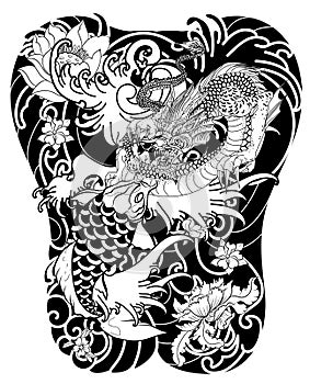 Hand drawn Dragon and koi fish with flower tattoo for Arm, Japanese carp line drawing coloring book vector image.Dragon and koi fi