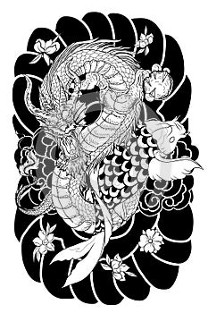 Hand drawn Dragon and koi fish with flower tattoo for Arm, Japanese carp line drawing coloring book vector image.Dragon and koi fi