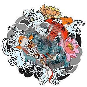 Hand drawn Dragon and koi fish with flower tattoo for Arm, Japanese carp line drawing coloring book vector image.