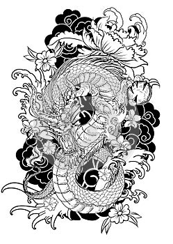 Hand drawn Dragon tattoo , coloring book japanese style
