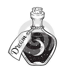 Hand drawn dream in bottle or wish jar with crescent moon and stars isolated. Sticker, print or tattoo design vector illustration.