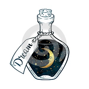 Hand drawn dream in bottle or wish jar with crescent moon and stars isolated. Sticker, print or tattoo design vector illustration.