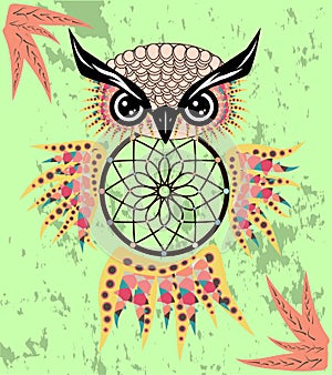 Hand drawn dreamcatcher with an owl, feathers and all seeing eyes. Indian talisman in boho style. American ethnic symbol.