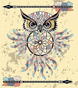Hand drawn dreamcatcher with an owl, feathers and all seeing eyes. Indian talisman in boho style. American ethnic symbol.