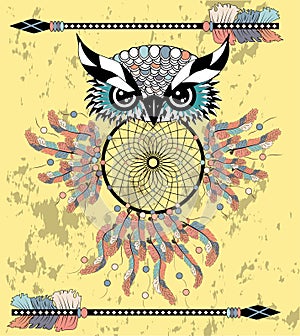 Hand drawn dreamcatcher with an owl, feathers and all seeing eyes. Indian talisman in boho style. American ethnic symbol