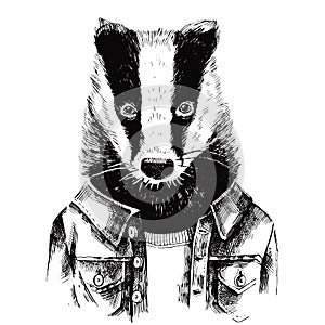 Hand drawn dressed up badger in hipster style