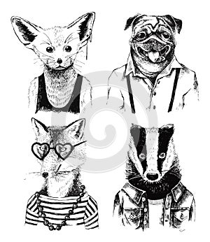 Hand drawn dressed up badger in hipster style photo