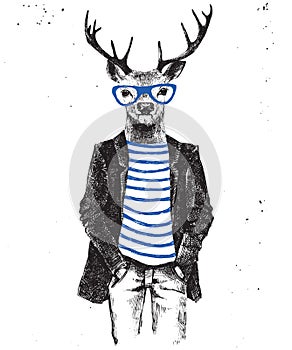 Hand drawn dressed up deer in hipster style