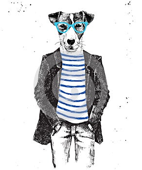 Hand drawn dressed up dog in hipster style