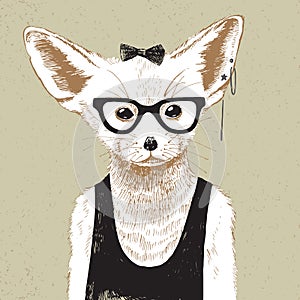 Hand drawn dressed up fennec in hipster style photo