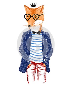 Hand drawn dressed up fox in hipster style