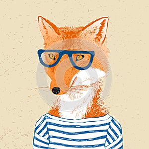 Hand drawn dressed up fox in hipster style