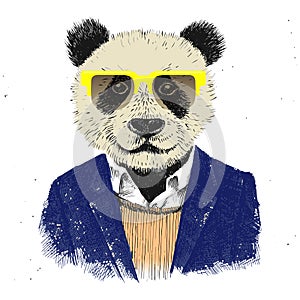 Hand drawn dressed up hipster panda