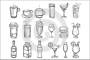 Hand drawn drinks and alcoholic cocktails big set doodle vector illustration